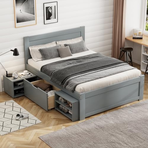 White Full Size Wood Platform Bed with Storage J2788