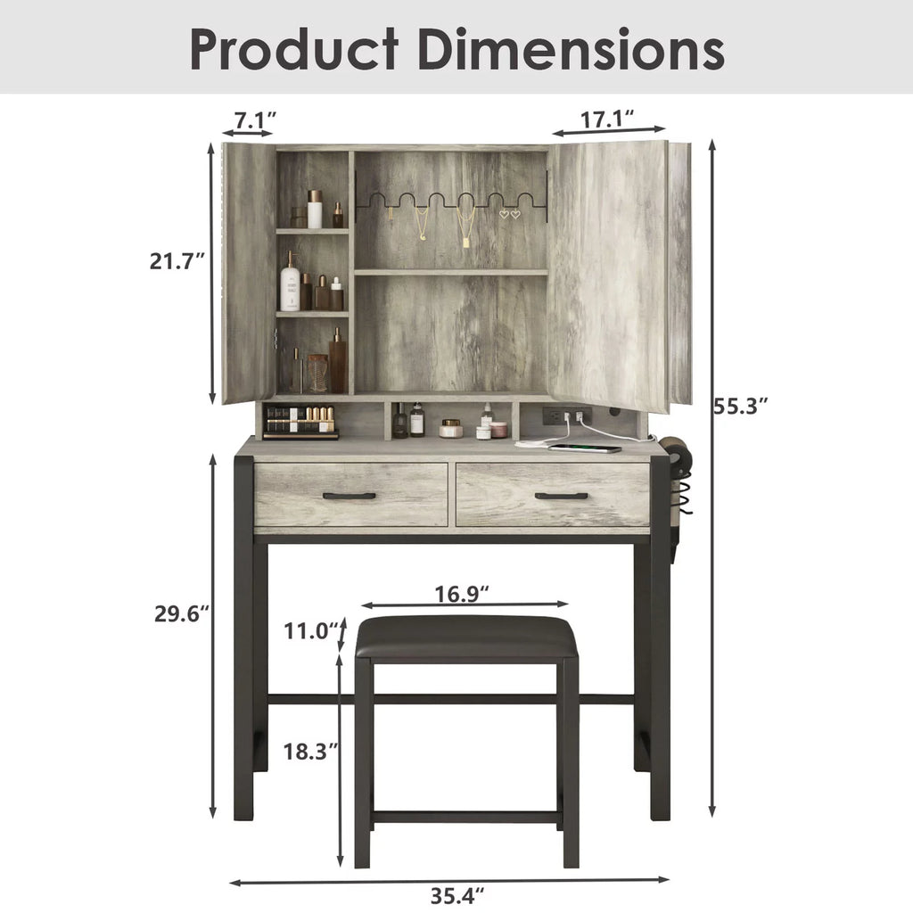 35.4in Makeup Vanity Desk with Lighted Mirror and Power Strip L207