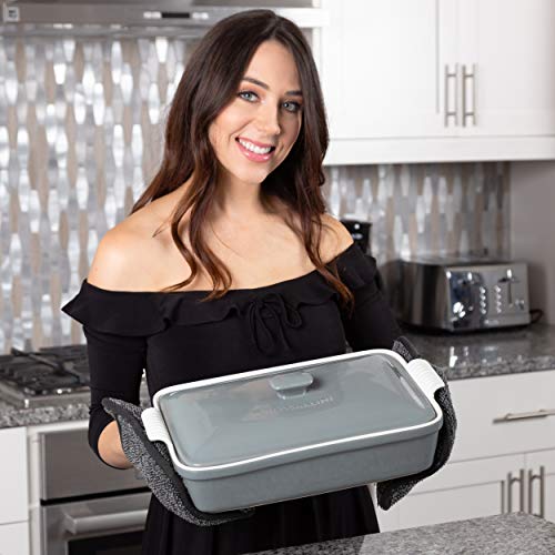 Stoneware Casserole Dish Bakeware Set with Lid, Large 3.2 Quart, 11 by 9 Inch, Grey M264