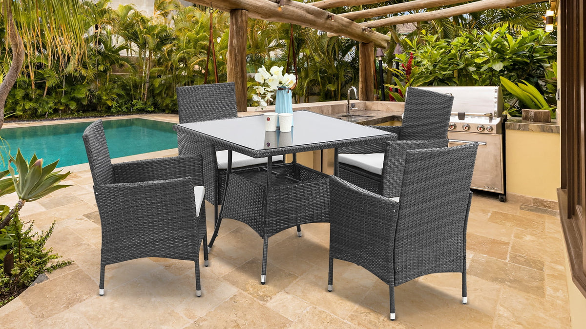 5 Pcs Grey Wicker Patio Dining Set with Umbrella Hole S99315