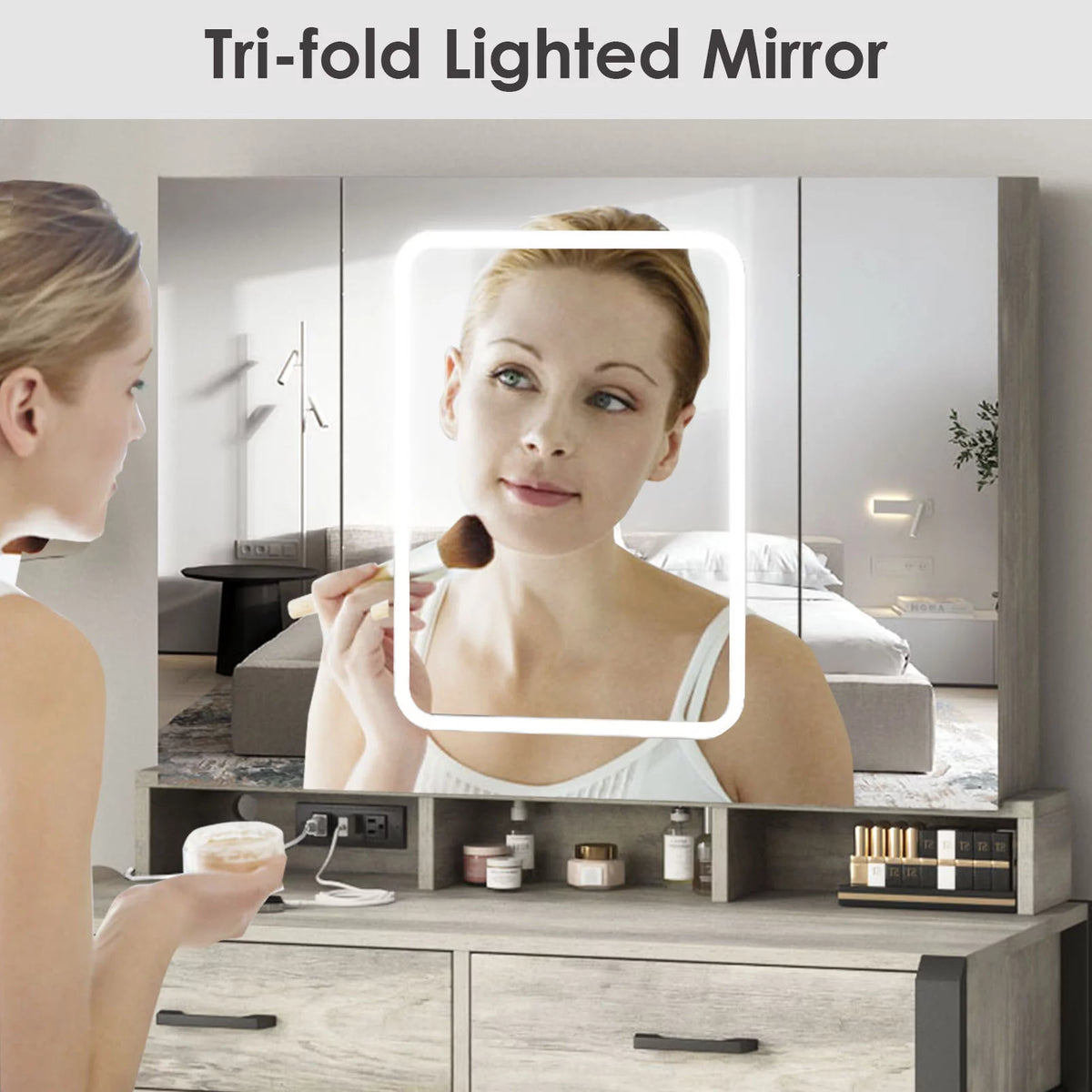 35.4in Makeup Vanity Desk with Lighted Mirror and Power Strip L207