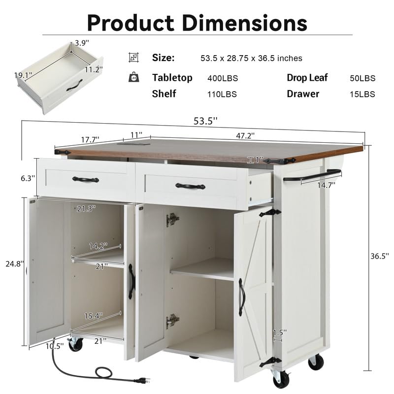 Farmhouse Kitchen Island with Power Outlet, Drop Leaf, Spice Rack and Drawer, Rolling Kitchen Cart on Wheels F267