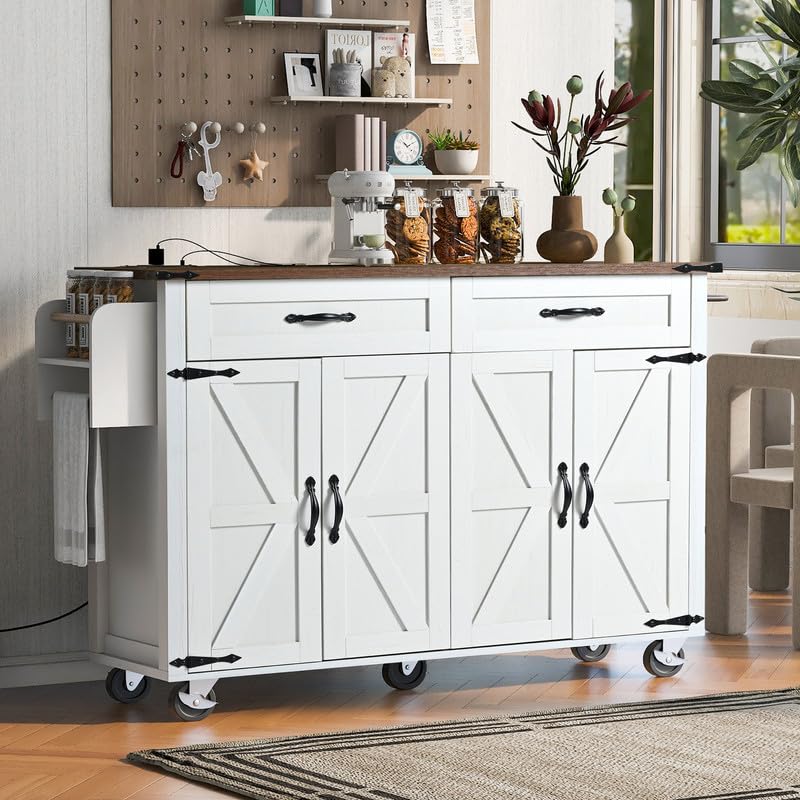 Farmhouse Kitchen Island with Power Outlet, Drop Leaf, Spice Rack and Drawer, Rolling Kitchen Cart on Wheels F267