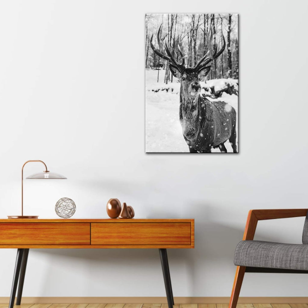 Black and White Deer in Winter Forest Canvas Print Wall Art C5405