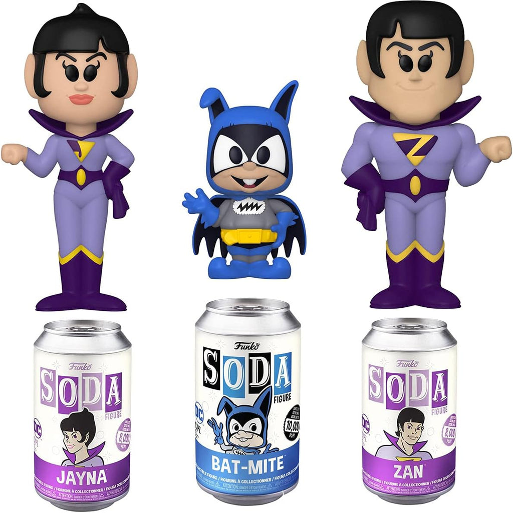 Wonder Twins Figures Zan + Jayna Soda tin Can with Bat Mite Villain & Super Friends 3 Items J762317
