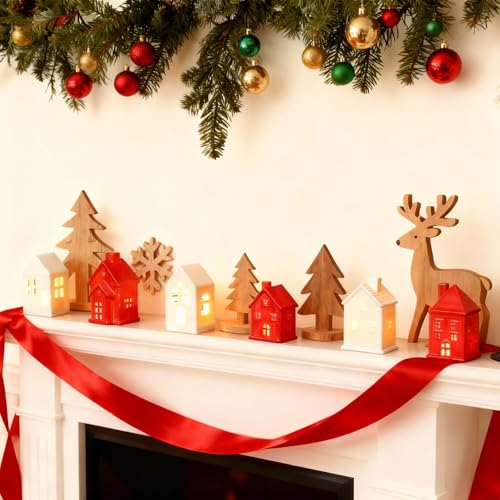 6 Pcs Ceramic LED Lighted Christmas Village Houses Green and White E83705