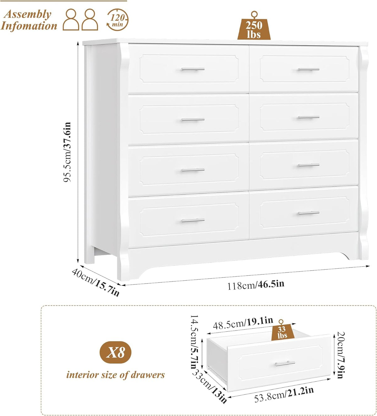 White 8 Drawer Wood Dresser T90961