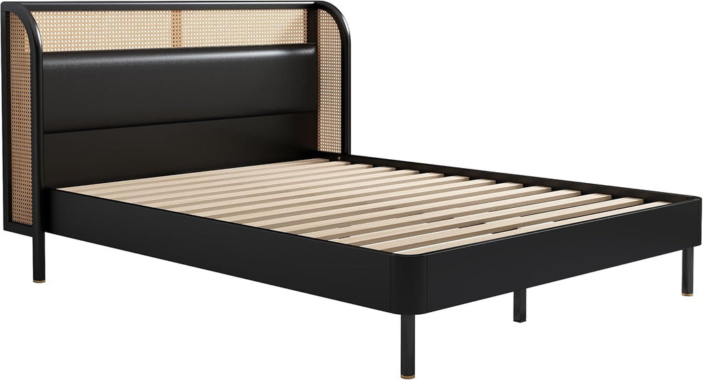 Queen Size Rattan Platform Bed with Wingback Headboard U687