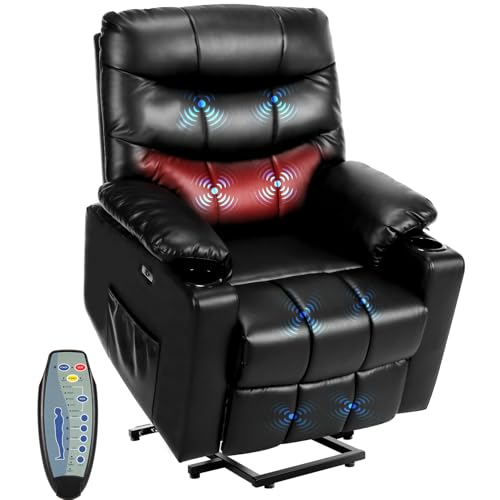PU Leather Electric Power Lift Chair Recliners with Heat and Massage, Adjustable Back Leg, USB Ports, Cupholders C351