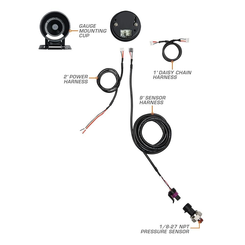 1,600 PSI Nitrous Pressure Gauge Kit - Black Dial - 2-1/16 52mm N111648