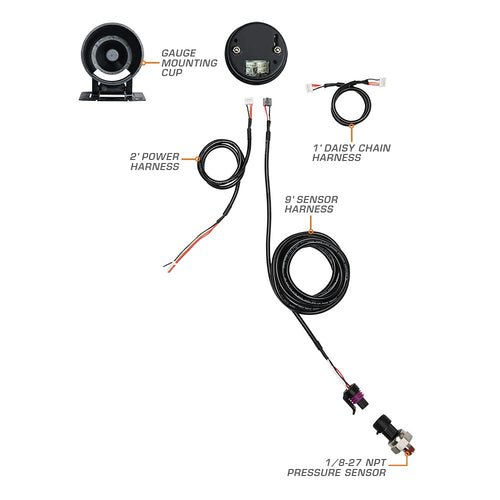 1,600 PSI Nitrous Pressure Gauge Kit - Black Dial - 2-1/16 52mm N111648