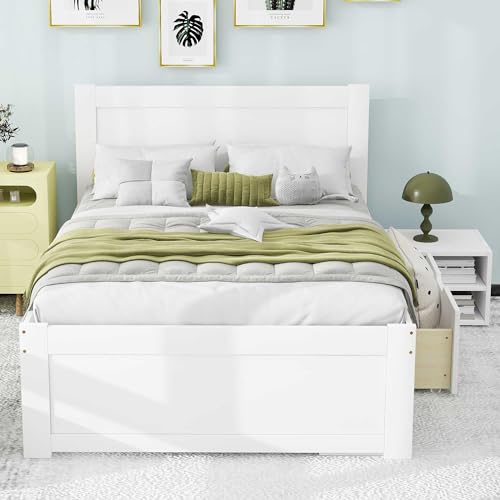 White Full Size Wood Platform Bed with Storage J2788