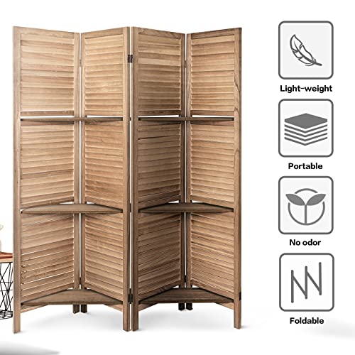 4 Panel Brown Wood Room Divider with Shelves J22675