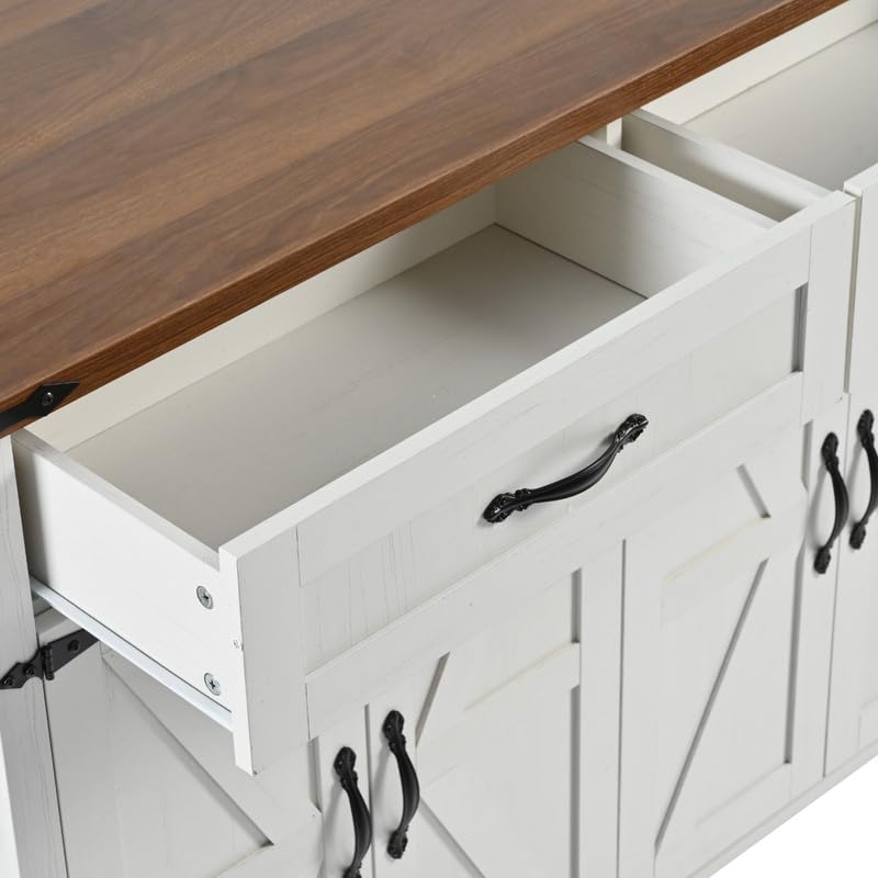 Farmhouse Kitchen Island with Power Outlet, Drop Leaf, Spice Rack and Drawer, Rolling Kitchen Cart on Wheels F267