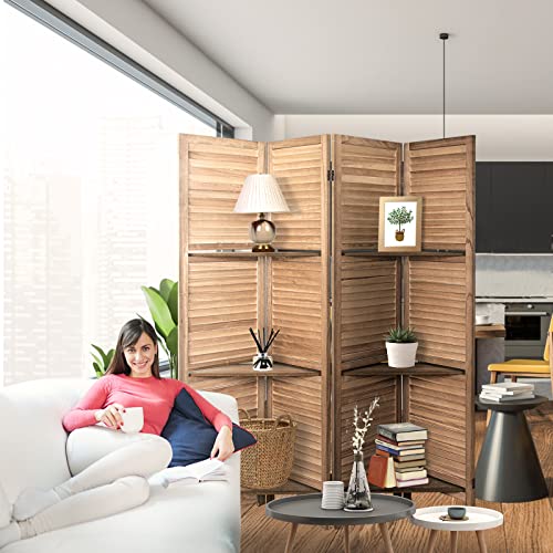 4 Panel Brown Wood Room Divider with Shelves J22675