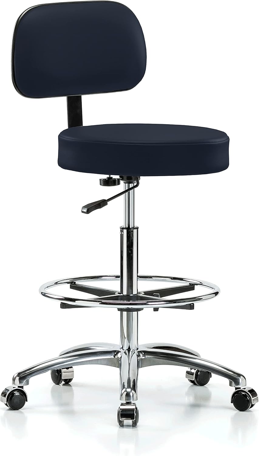 Chrome Rolling Height Adjustable Exam Stool with Back and Footring P17026