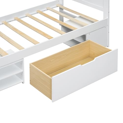 White Full Size Wood Platform Bed with Storage J2788