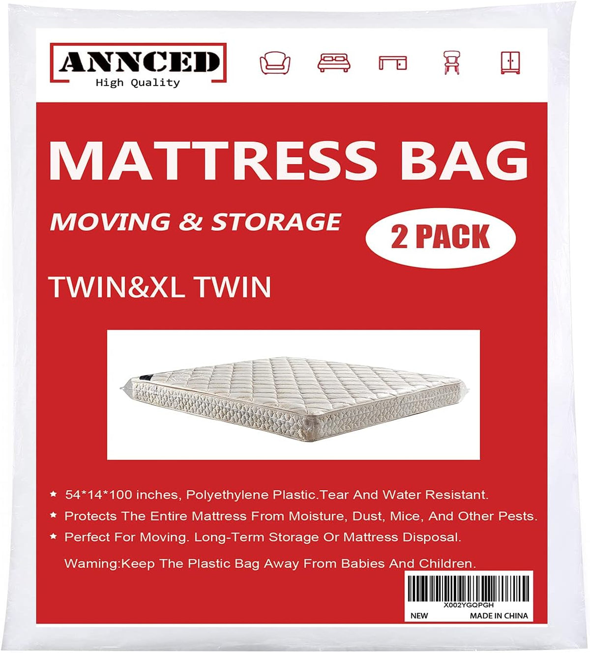 2 Packs Queen or California King Mattress Bag 4 mil Polyethylene D9034