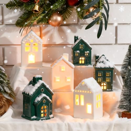 6 Pcs Ceramic LED Lighted Christmas Village Houses Green and White E83705