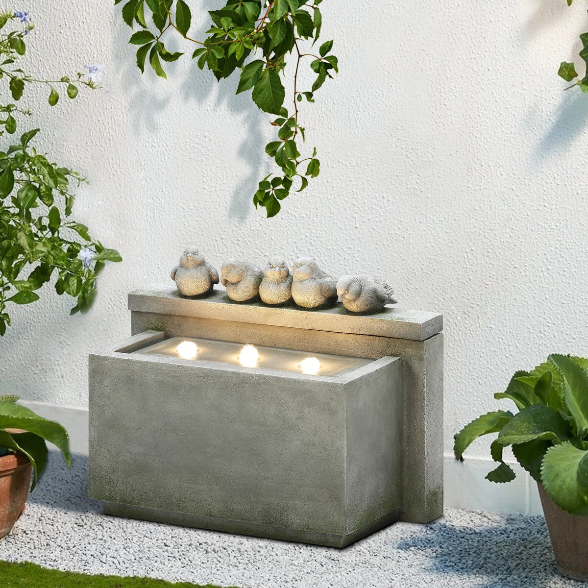 Gray Rectangular Resin Outdoor Bubbler Fountain with Lights U23788