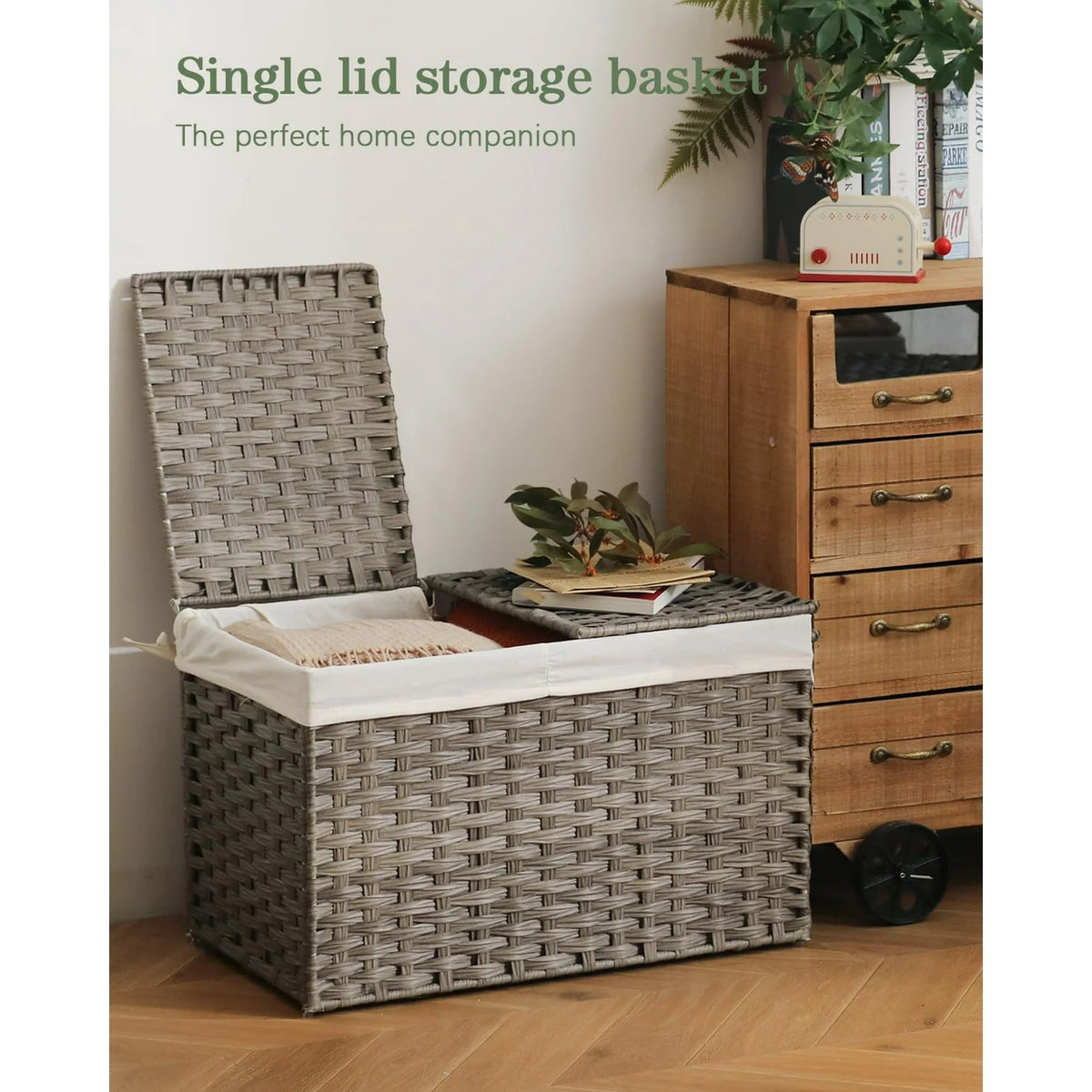 Gray 17.2 Gallon Rattan Storage Basket with Lid T63924