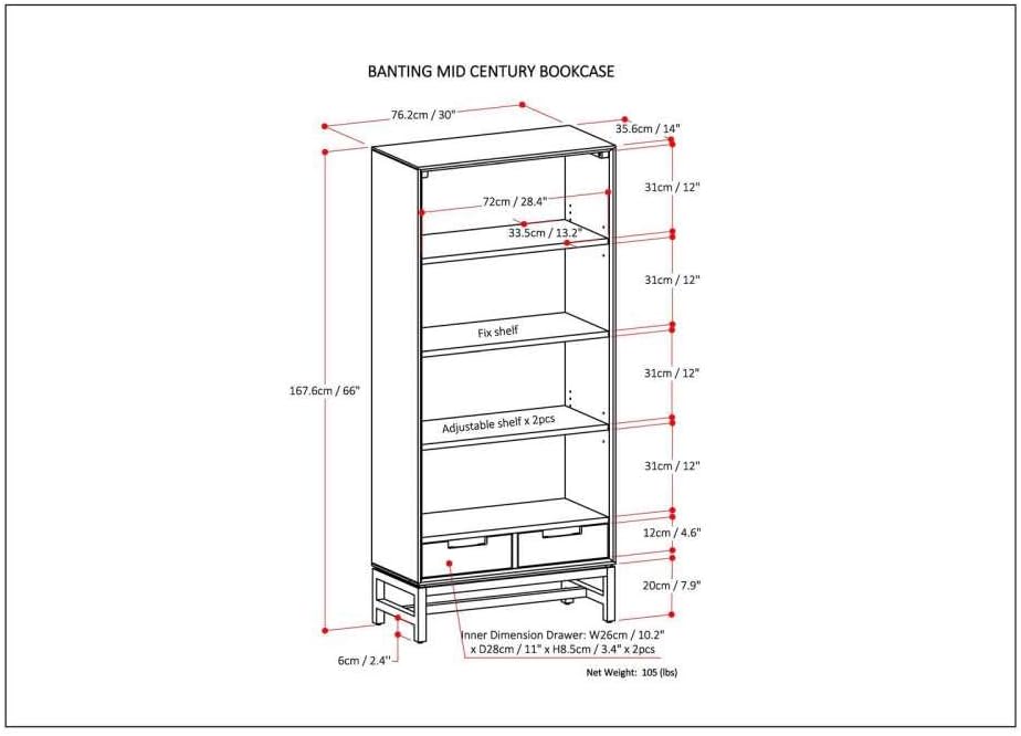 66 inch Walnut Brown Solid Hardwood and Metal Bookcase with 2 Drawers and 4 Shelves B75426