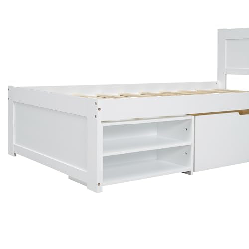 White Full Size Wood Platform Bed with Storage J2788
