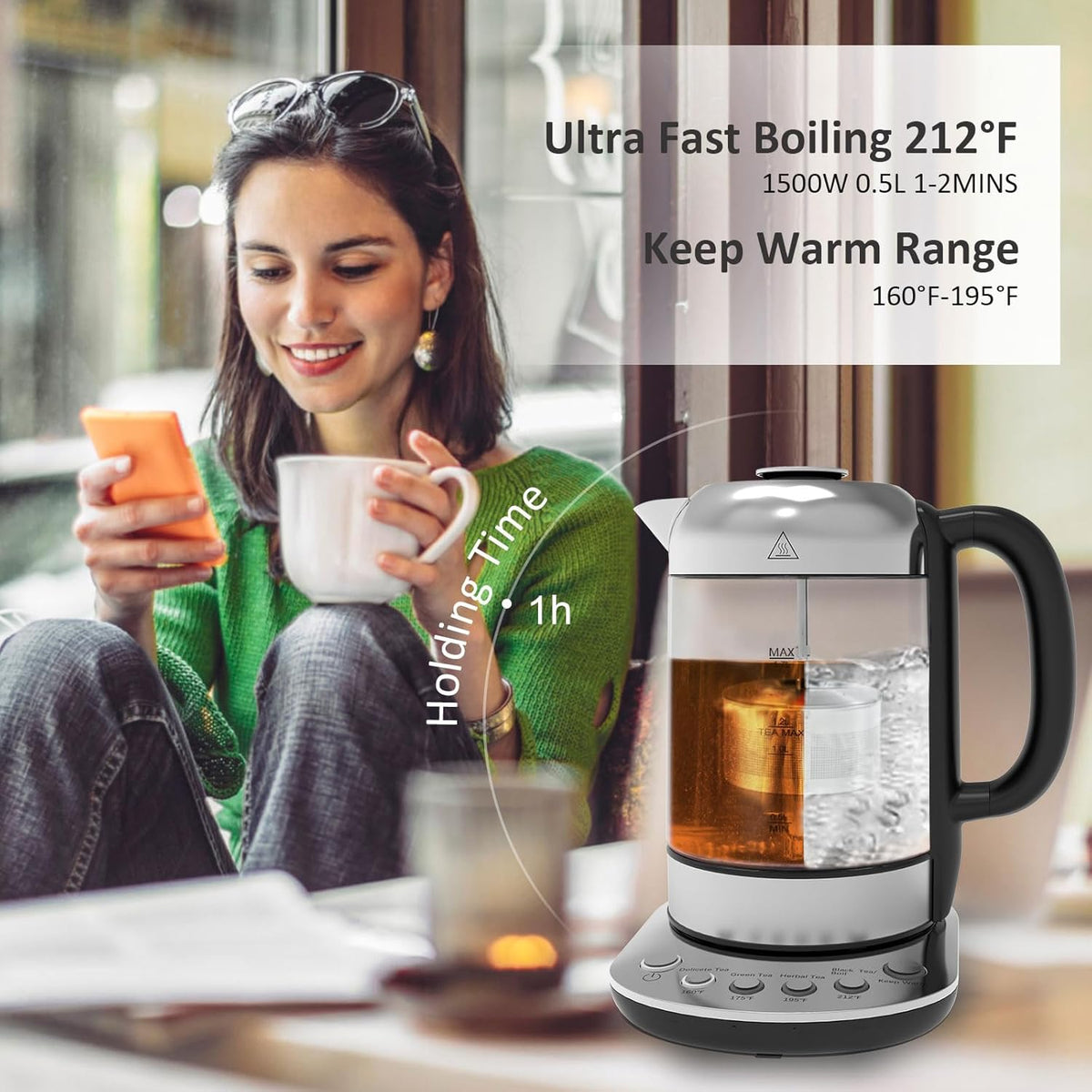 1.7L Borosilicate Glass Electric Kettle with Temperature Control L67525