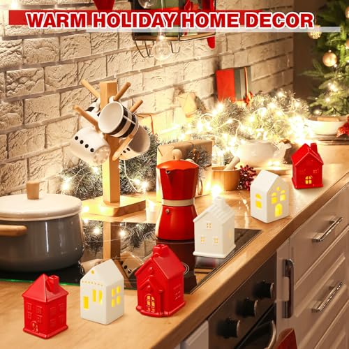 6 Pcs Ceramic LED Lighted Christmas Village Houses Green and White E83705