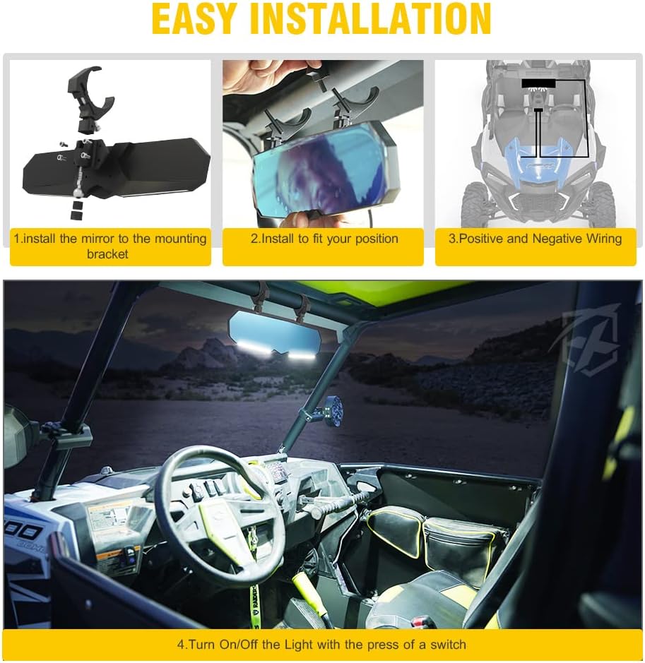 17 UTV Rearview Center Mirror with COB LED Interior Lights and Rocker Switch Aluminum S347