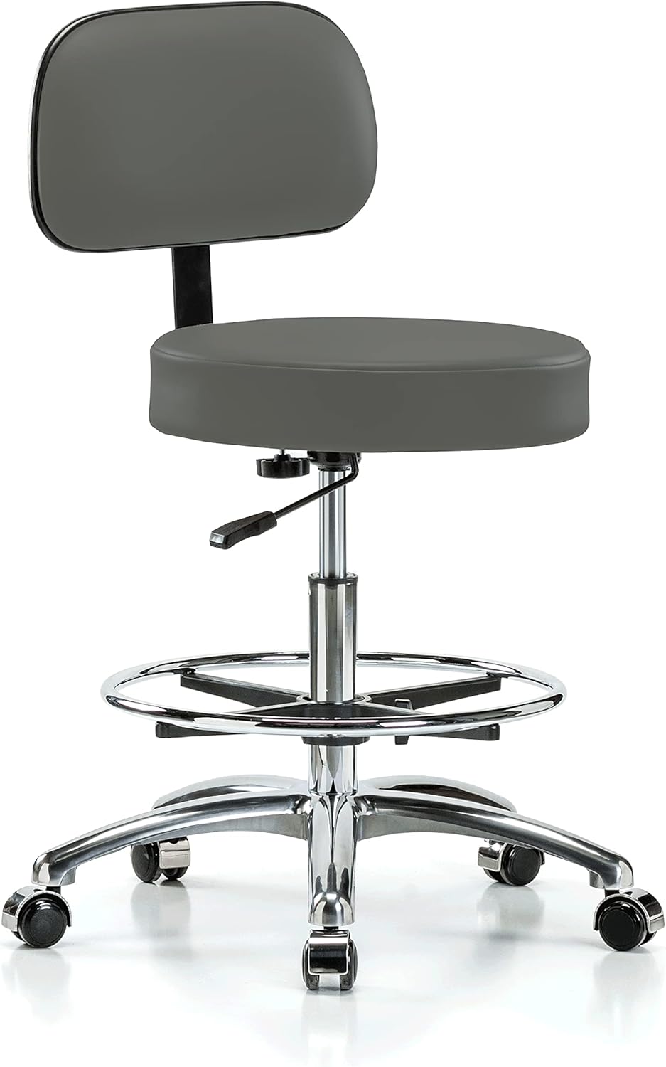 Chrome Rolling Height Adjustable Exam Stool with Back and Footring P17026