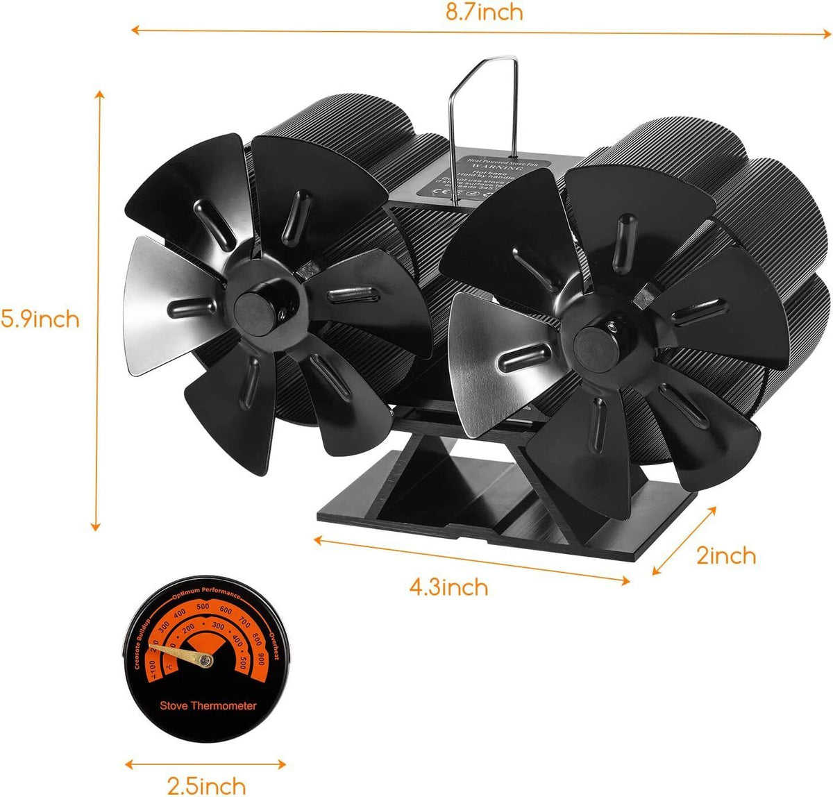 12-Blade Dual Head Heat Powered Wood Stove Fan with Magnetic Thermometer E147