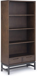 66 inch Walnut Brown Solid Hardwood and Metal Bookcase with 2 Drawers and 4 Shelves B75426