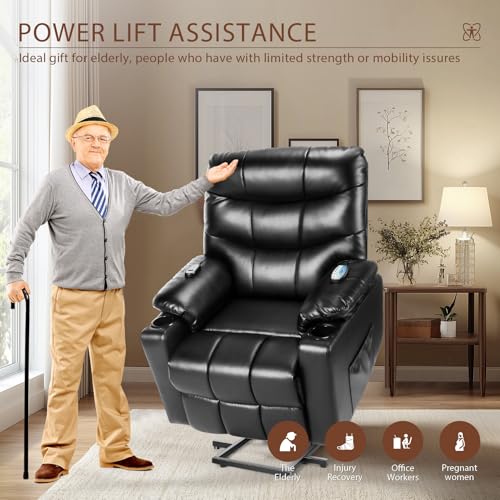 PU Leather Electric Power Lift Chair Recliners with Heat and Massage, Adjustable Back Leg, USB Ports, Cupholders C351