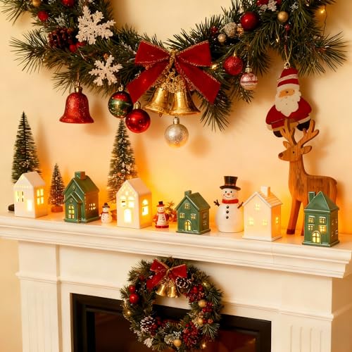 6 Pcs Ceramic LED Lighted Christmas Village Houses Green and White E83705