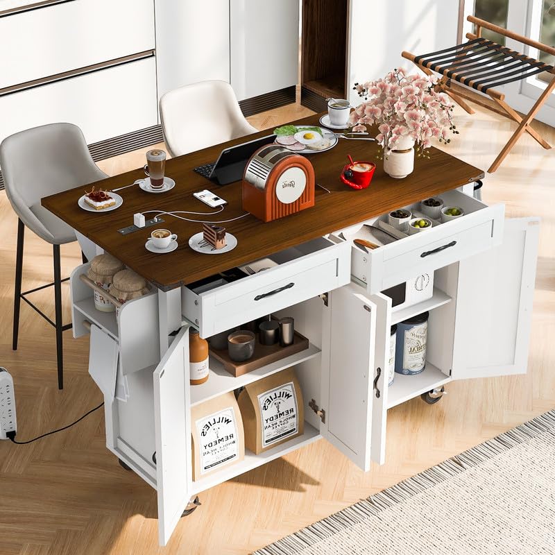 Farmhouse Kitchen Island with Power Outlet, Drop Leaf, Spice Rack and Drawer, Rolling Kitchen Cart on Wheels F267