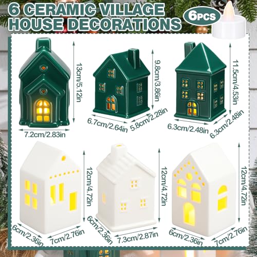 6 Pcs Ceramic LED Lighted Christmas Village Houses Green and White E83705