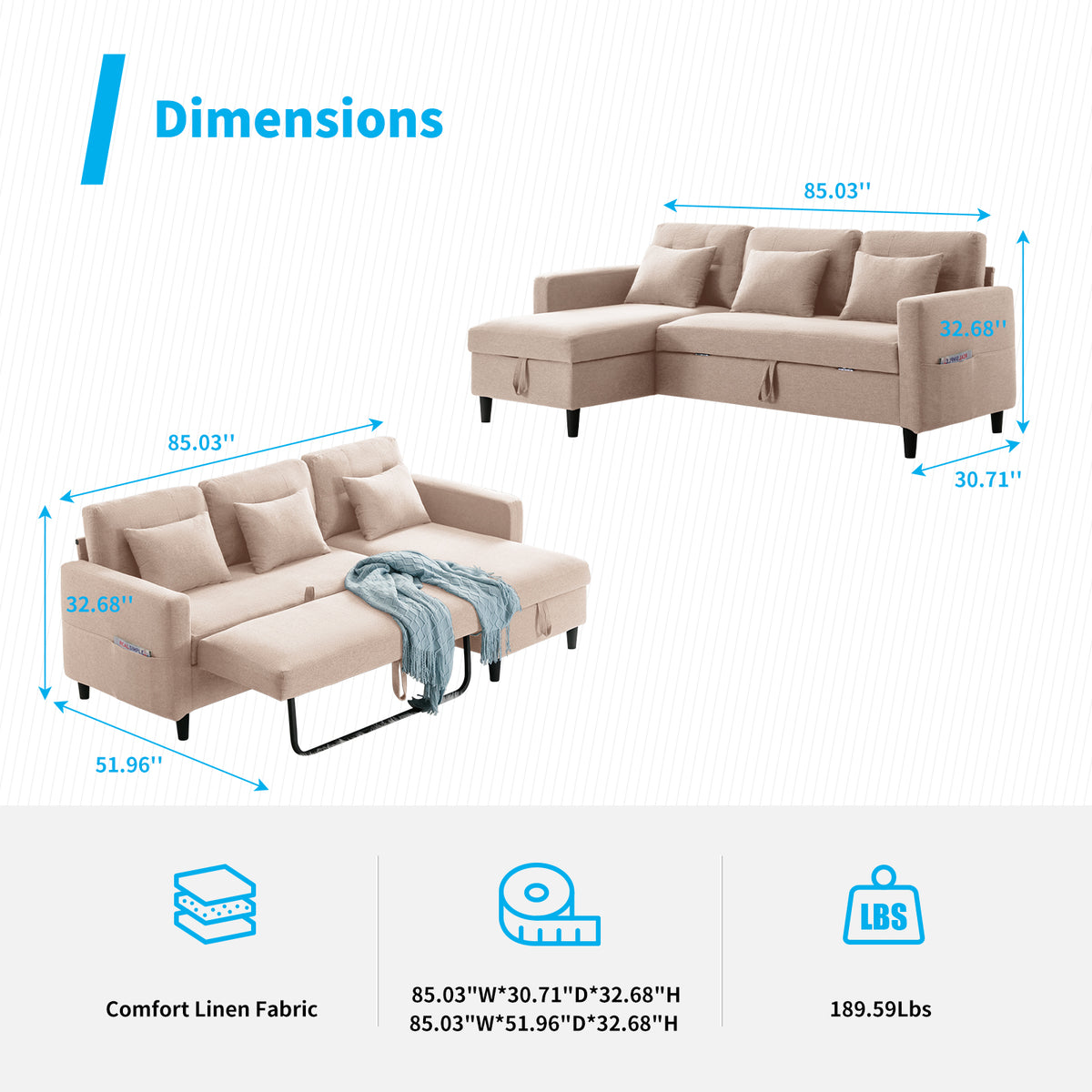 Beige Linen Reversible Sleeper Sectional Sofa with Storage Chaise Y84392