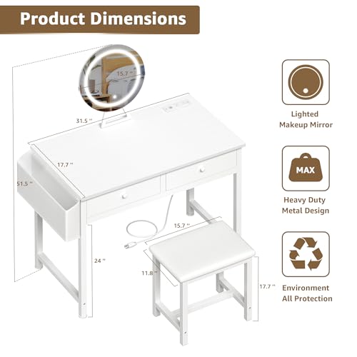 White Vanity Table Set with Mirror and Chair C753794
