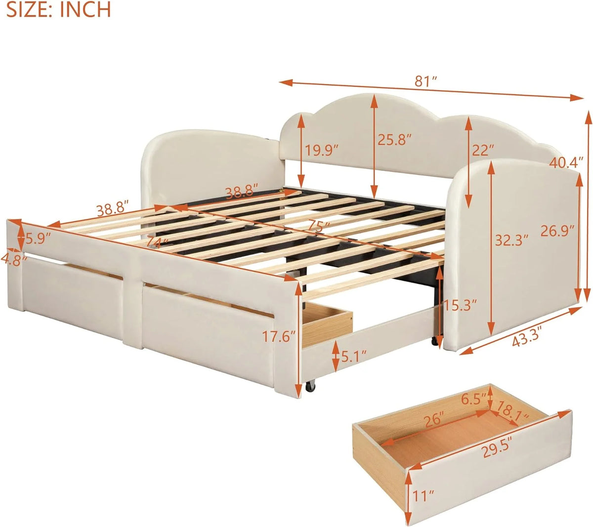 Beige Upholstered Daybed with Storage Drawers and Trundle K395