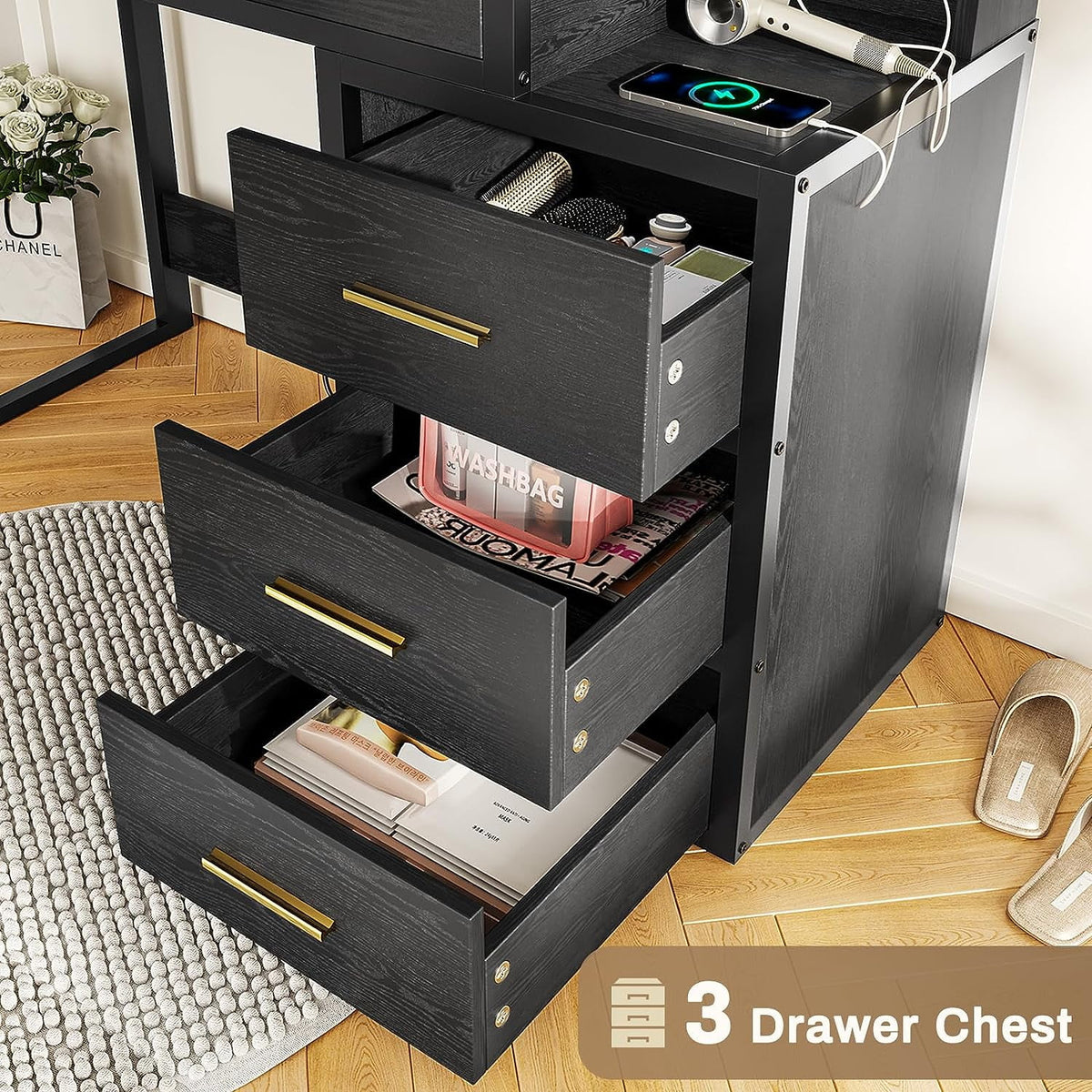Black Makeup Vanity with Lights and Charging Station, 5 Drawers and Mirror R8747