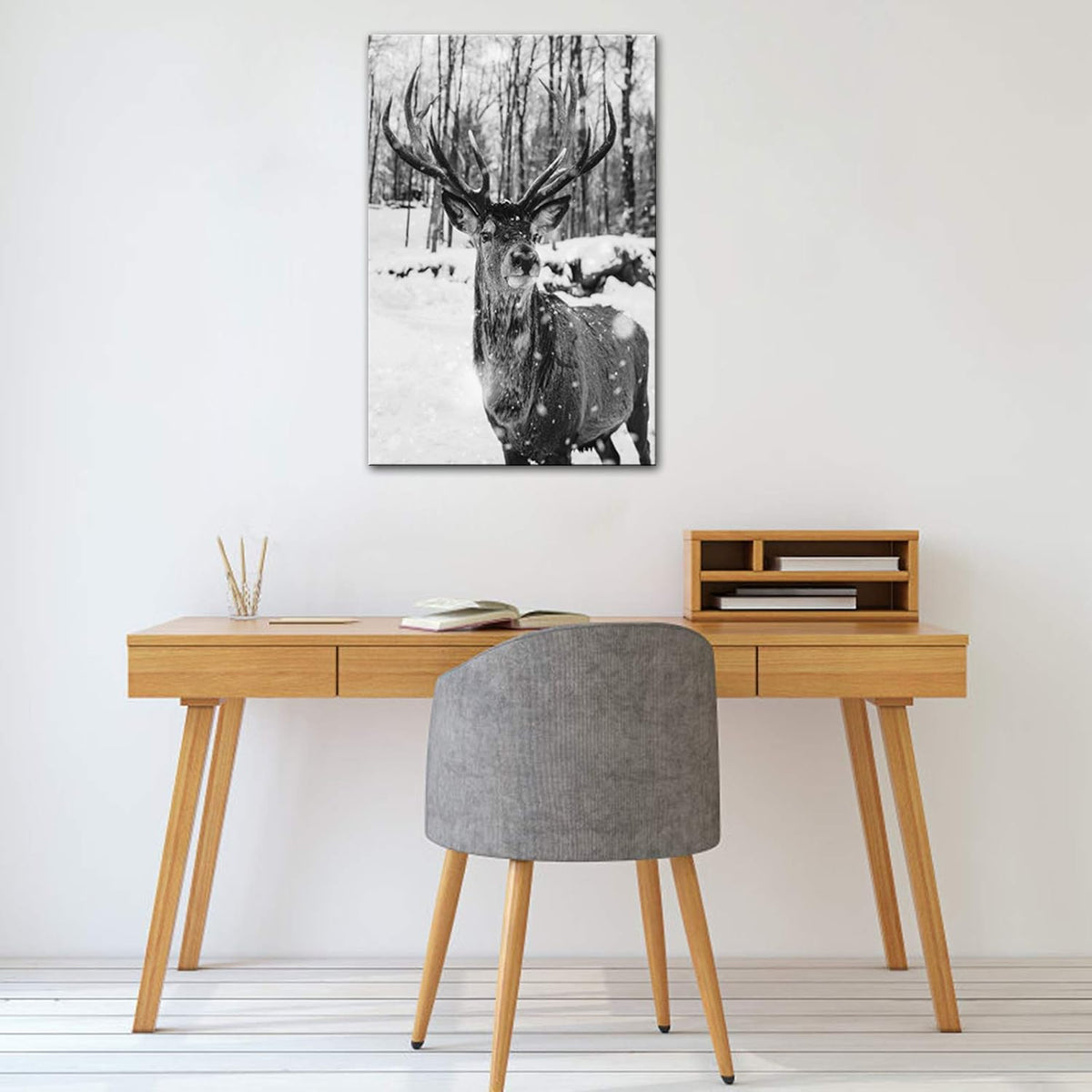 Black and White Deer in Winter Forest Canvas Print Wall Art C5405