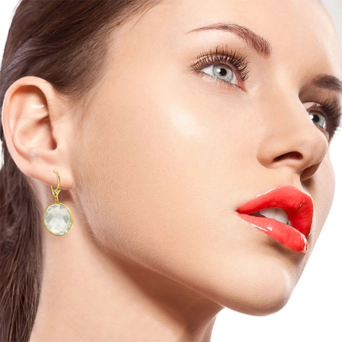 14k Solid Gold Leverback Earrings with Round White Topaz O65054