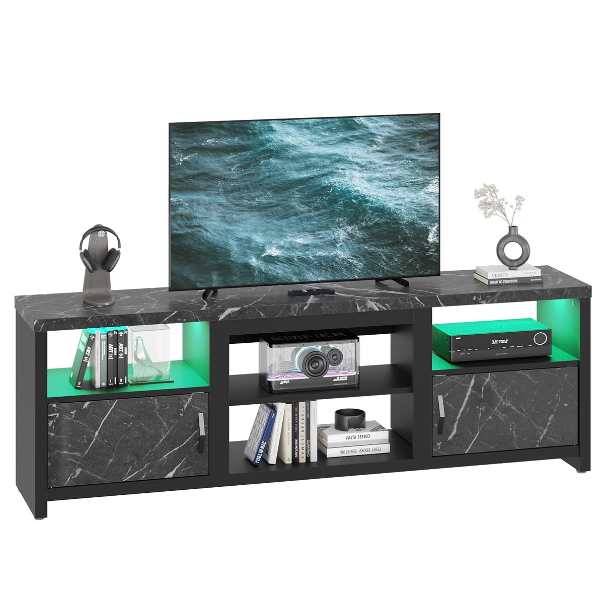 70 LED TV Stand with Cabinet & Open Shelves, Black Marble K97160