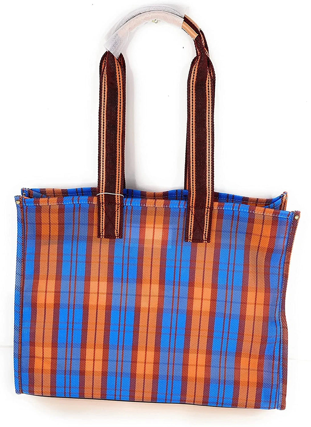 Large Mesh Tote Handbag Blue Orange Plaid H410