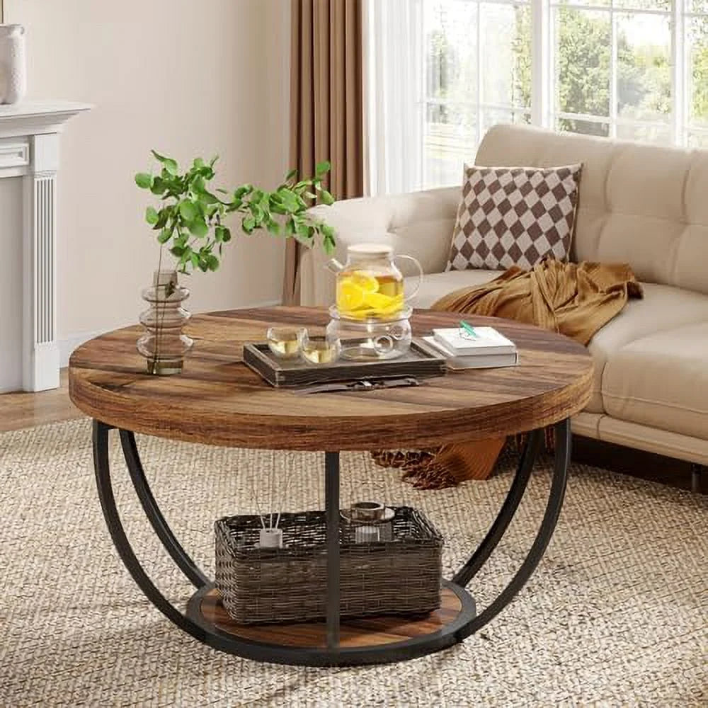 Round 2-Tier Wooden Coffee Table with Shelves Z809
