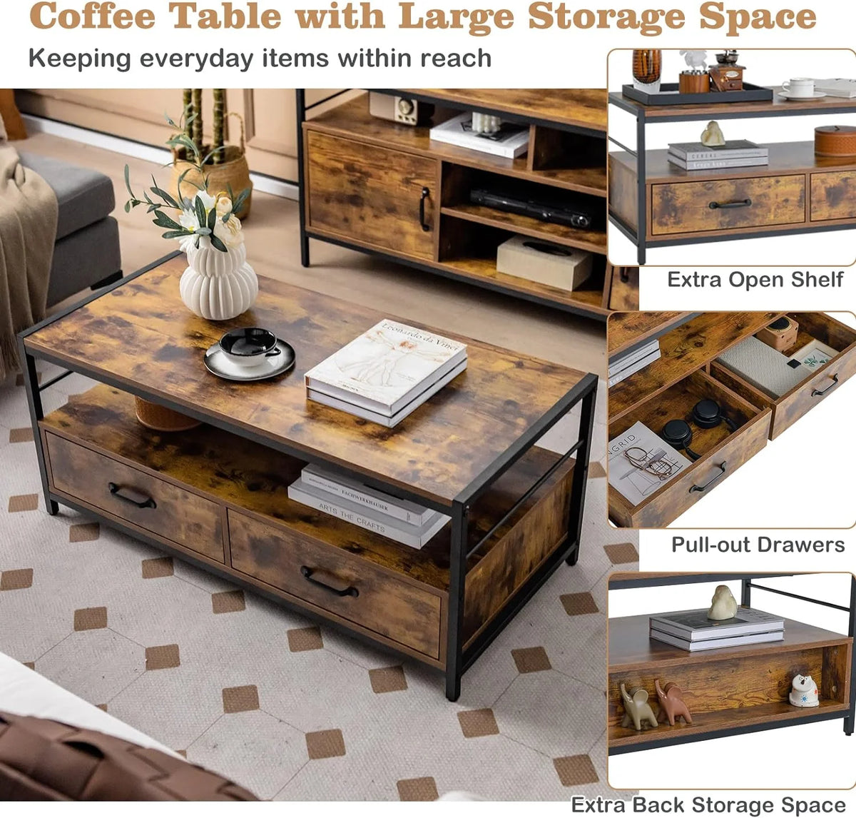 Coffee Table with Storage, Industrial Rectangular Cocktail Table, Metal Frame Wooden Accent Table Q455909