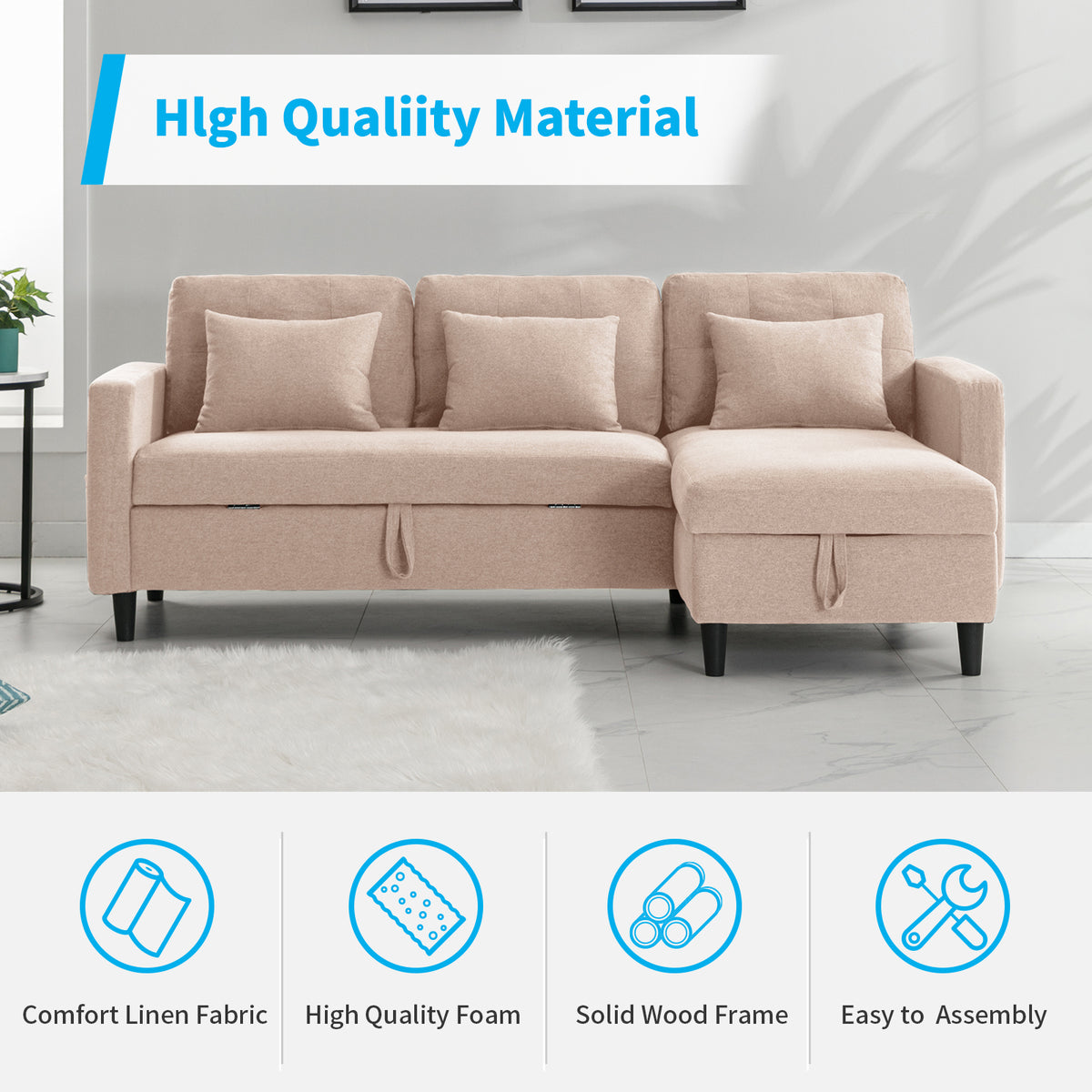 Beige Linen Reversible Sleeper Sectional Sofa with Storage Chaise Y84392