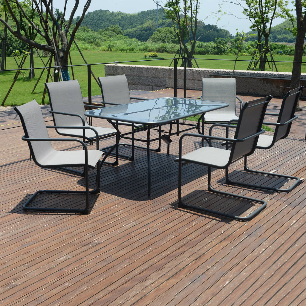 7PCS Outdoor Dining Set Textilene C Spring Chair Tempered Glass Metal Table H298970