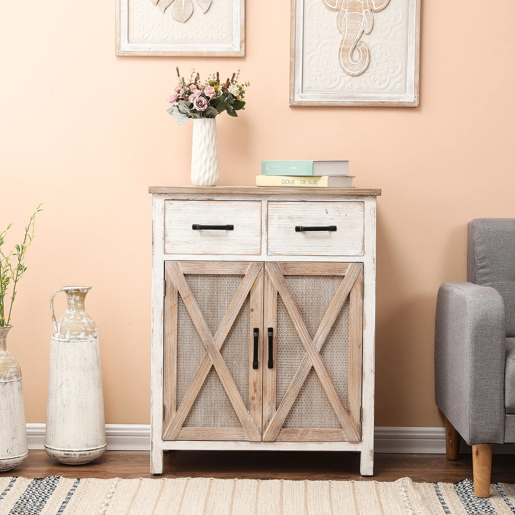 White Natural Wood 2 Drawer 2 Door Storage Cabinet Y82270